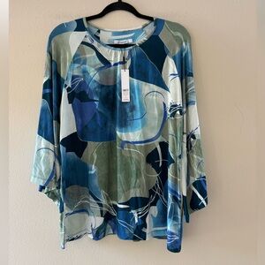 Chico's Teal, Navy & Olive Abstract Painterly 3/4 Sleeve Boat Neck Top NEW